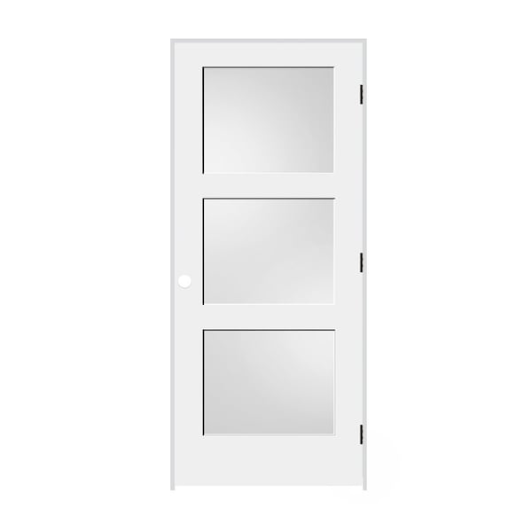 Trimlite Primed 3Panel Equal Panel White Lami Glass Interior Shaker 71/4" LH Prehung Door Matte Hinges 2668pri8433GLLH10B714 - main